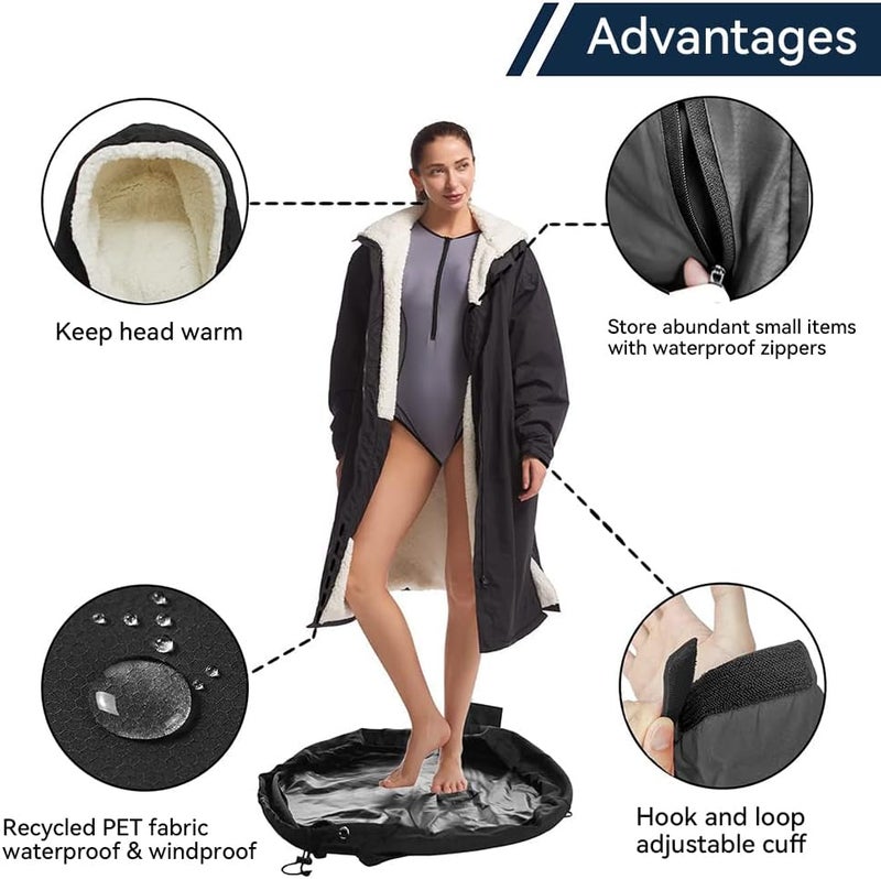 Oksun Waterproof Swim Parka, Windproof Surf Poncho Warm Coat, Recycled Fabric Water Resistent Oversized Sherpa Lining Jacket - Image 4